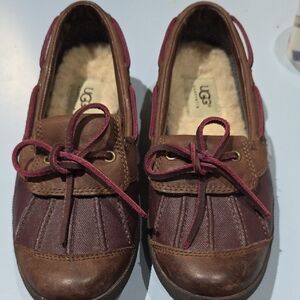 UGG Brown and Burgundy Leather Shearling Lined Moccasins